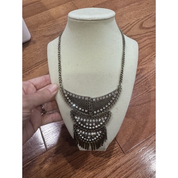 unb Jewelry - Boho Metal Statement Bib Necklace Burnished Pewter Mutli-Dangle